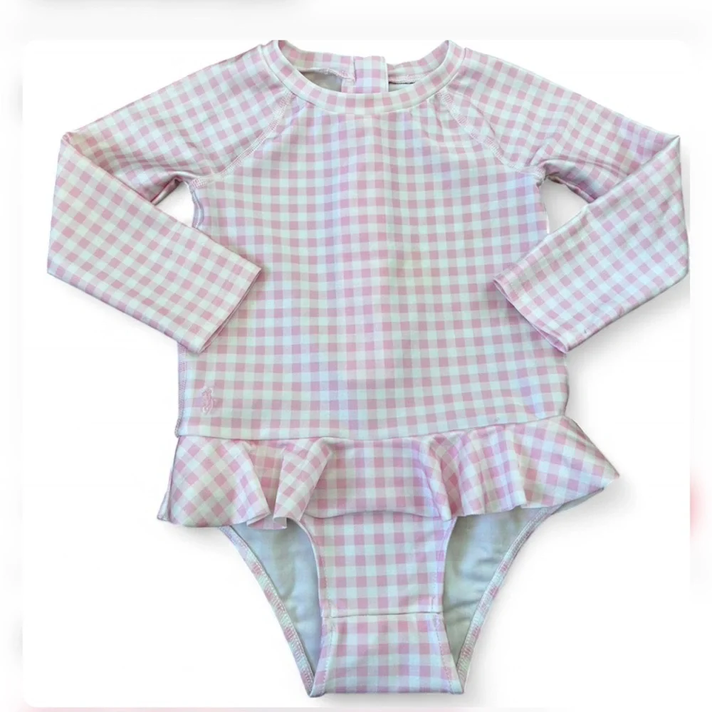 Ralph Lauren pink gingham checkered swimsuit rashguard one piece swim l #preppy